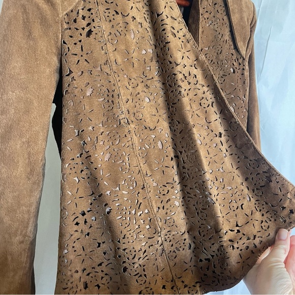 CHI BY FALCHI Women’s Brown Genuine Leather Open Front Cut Out Jacket Size Small - Picture 6 of 17